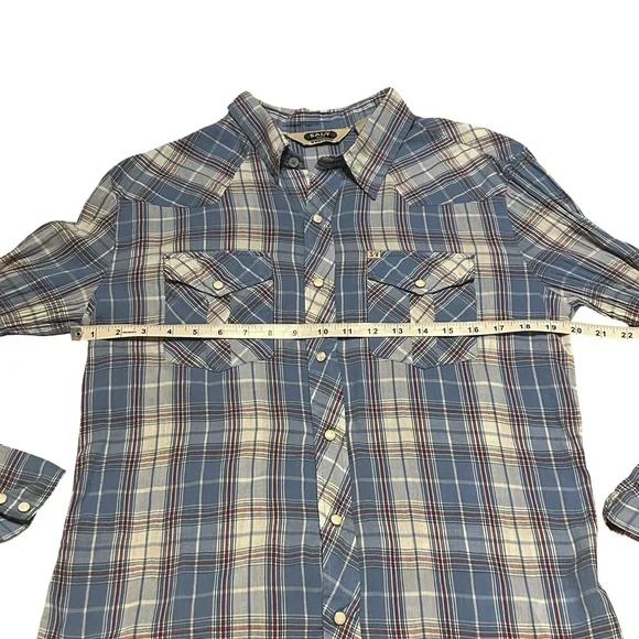 Salt Valley Western Plaid Snap Button Shirt Blue/Cream Long Sleeve Cotton Large - Picture 7 of 9